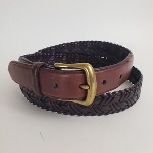 FOSSIL Mens Brown Leather Woven Braided Belt Solid Brass Buckle Sz 38 1.25" Wide